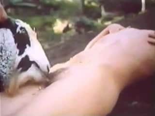Horny lady licked by a goat in the forest - retro