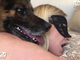 Hot blonde playing with her dog